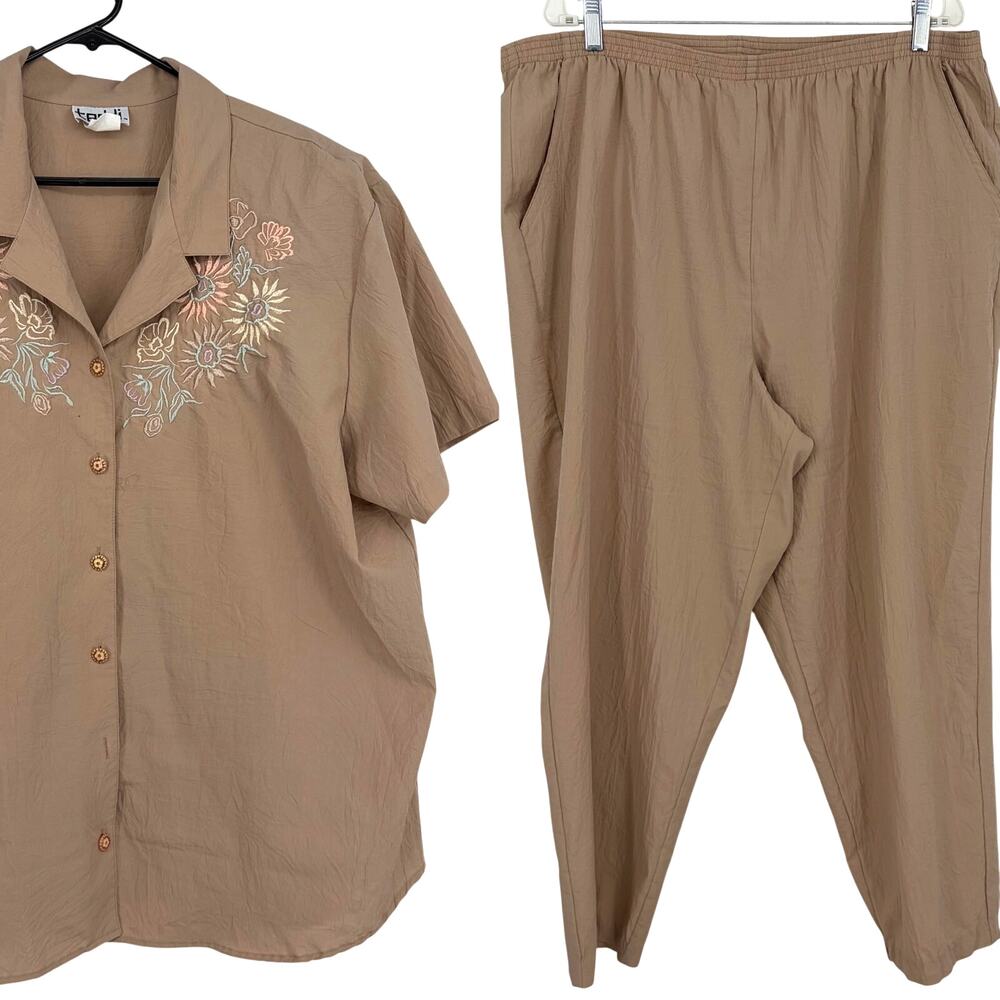 Teddi Vintage Women's Tan Floral Embroidered Polyester Top and Pant Set Size 22